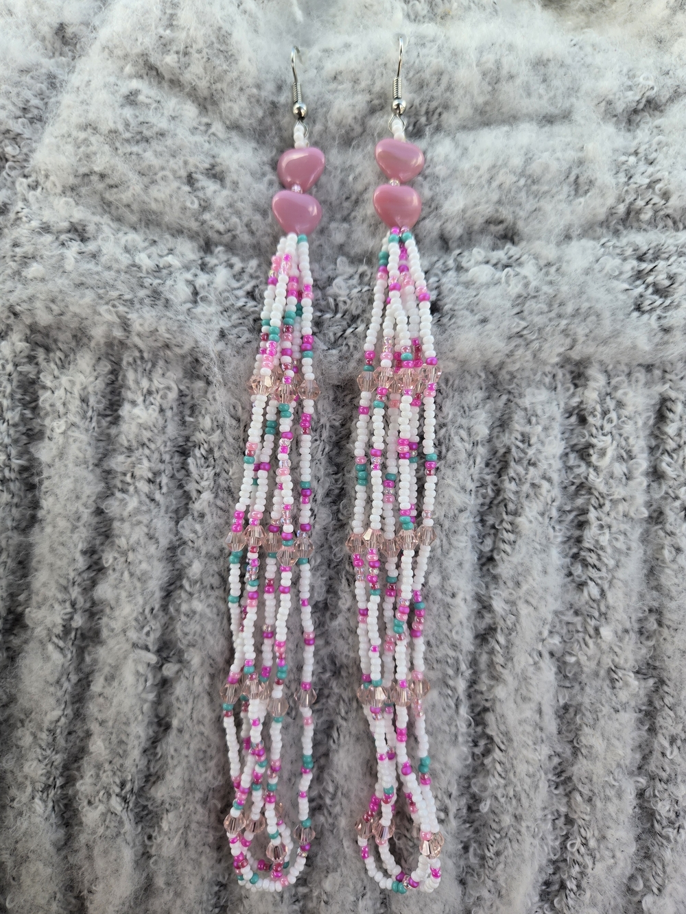 Pink Beaded Tassel Earrings with Pink Heart Accents